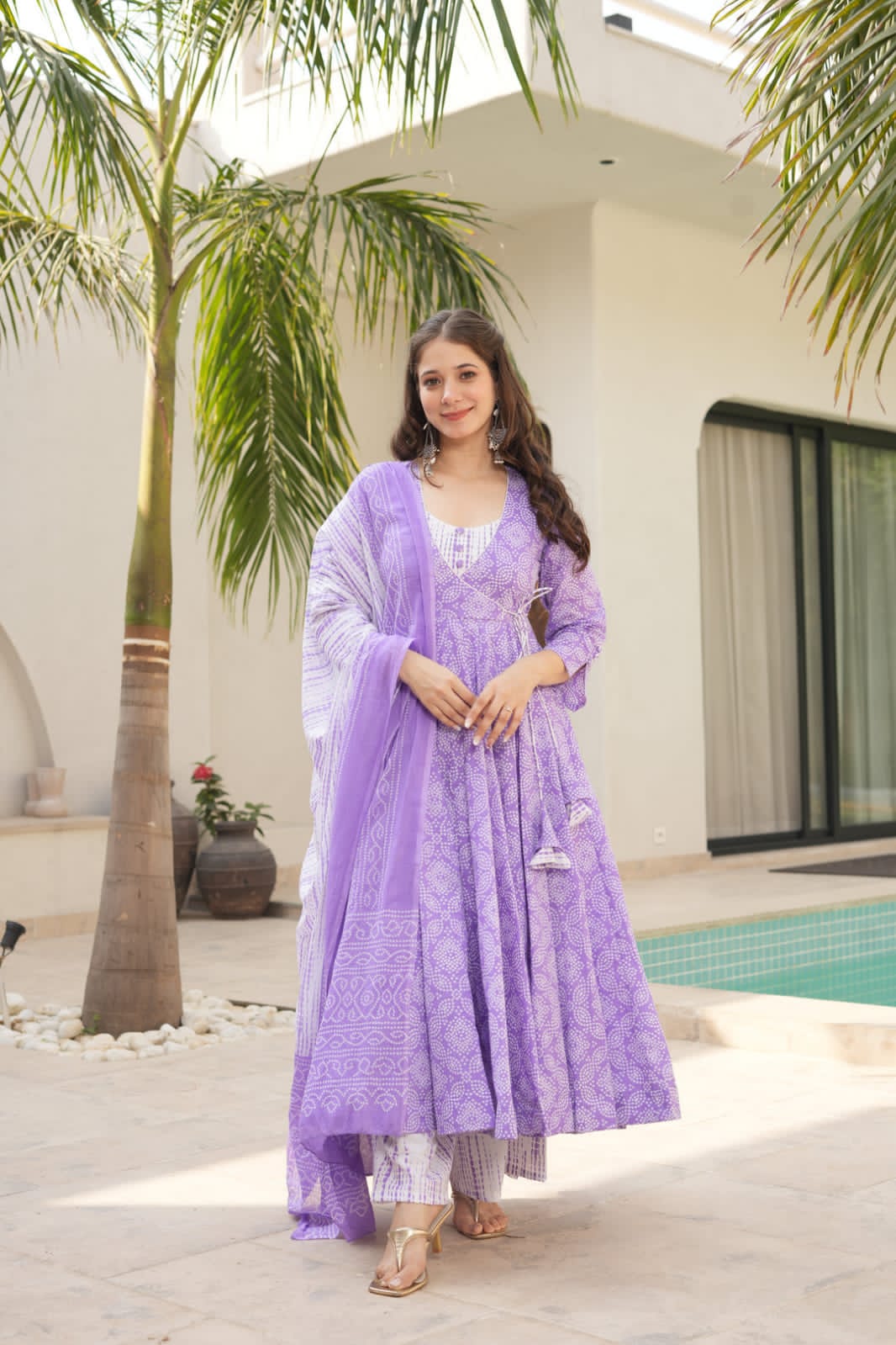 Maabetii Lavender Cotton Angrakha Printed Anarkali Suit Set
