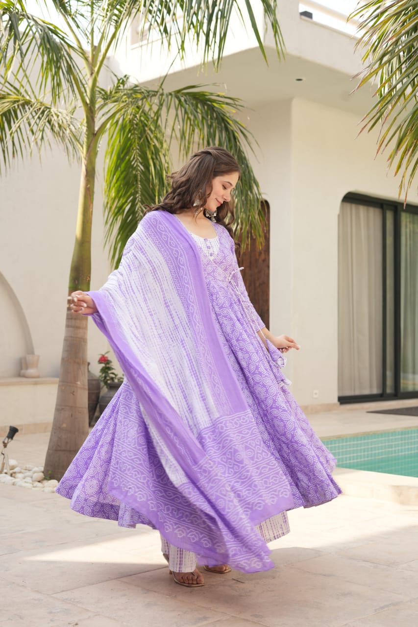 Maabetii Lavender Cotton Angrakha Printed Anarkali Suit Set