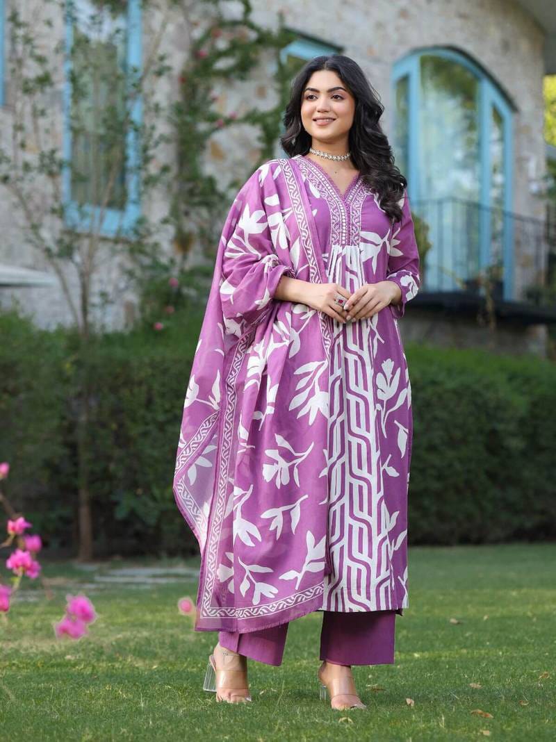 Maabetii Lavender Cotton Embroidery Work Anarkali Suit Set