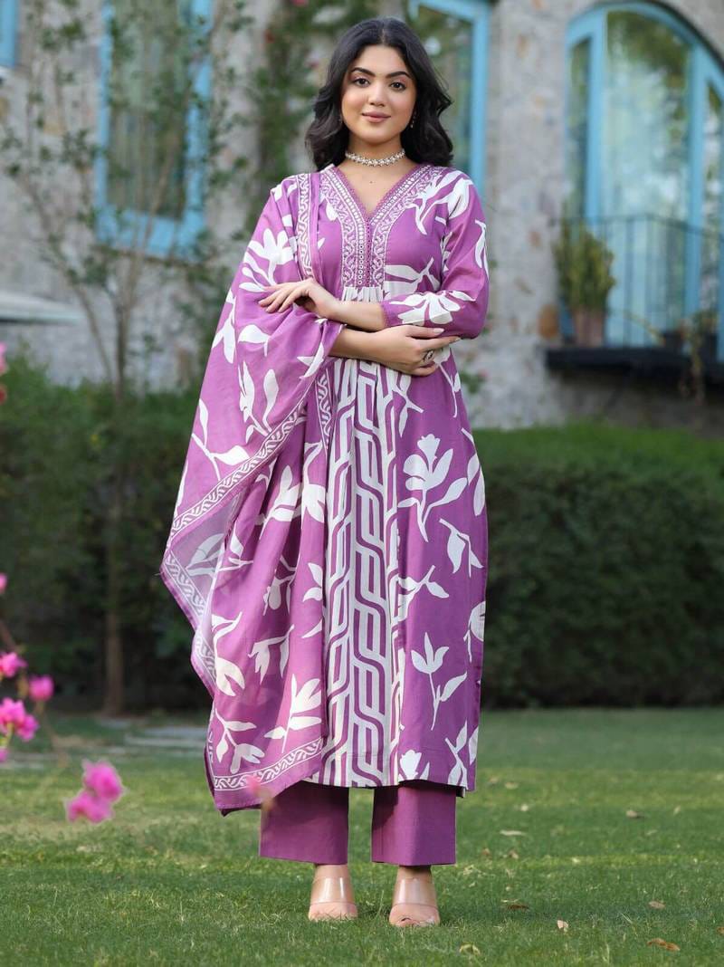 Maabetii Lavender Cotton Embroidery Work Anarkali Suit Set
