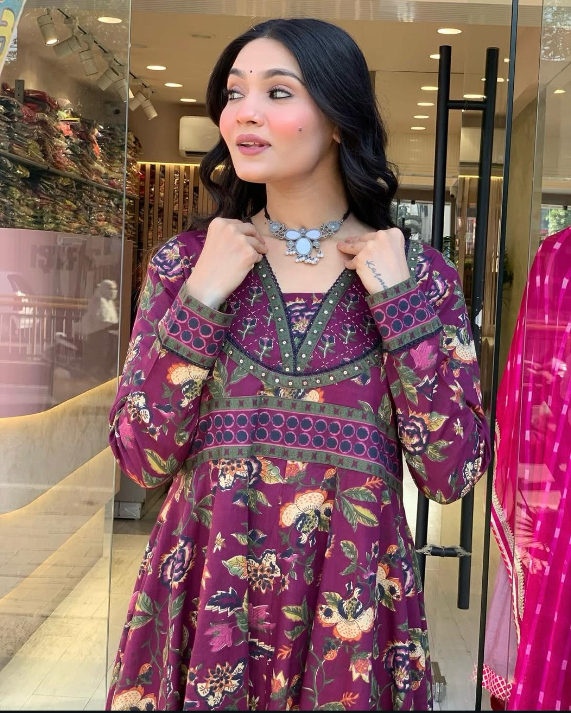 Maabetii Multicolor Cotton Katha Embroidery Anarkali Suit Set