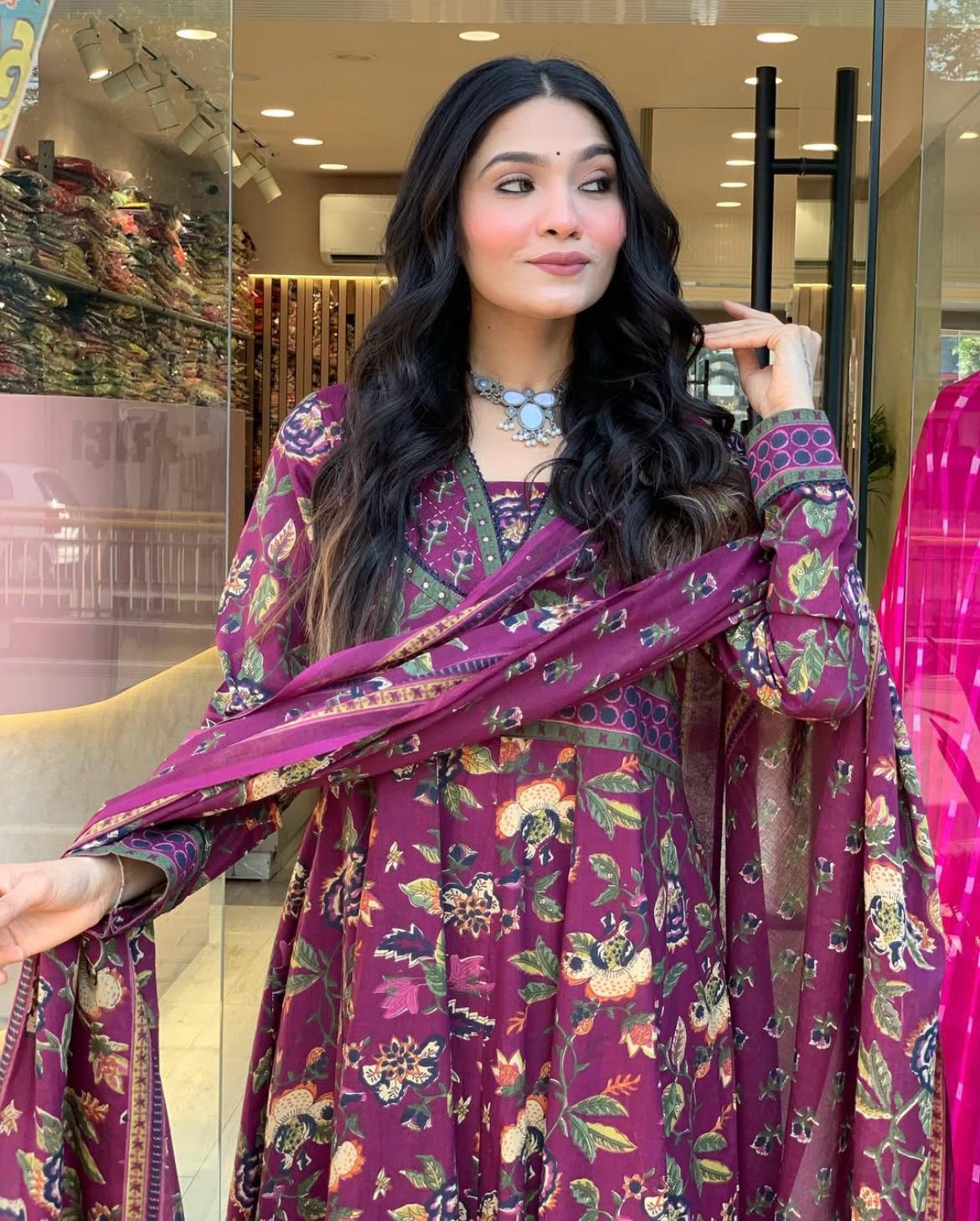 Maabetii Multicolor Cotton Katha Embroidery Anarkali Suit Set