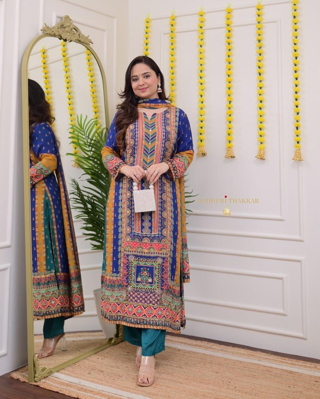 Maabetii Multicolor Muslin Embroidery and Sequence Work Suit Set