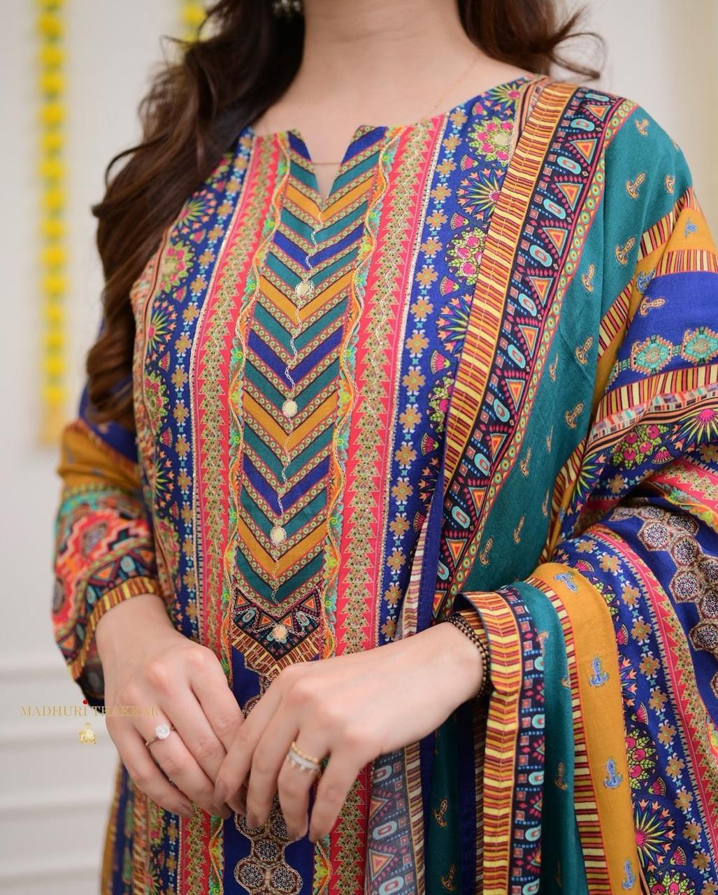 Maabetii Multicolor Muslin Embroidery and Sequence Work Suit Set