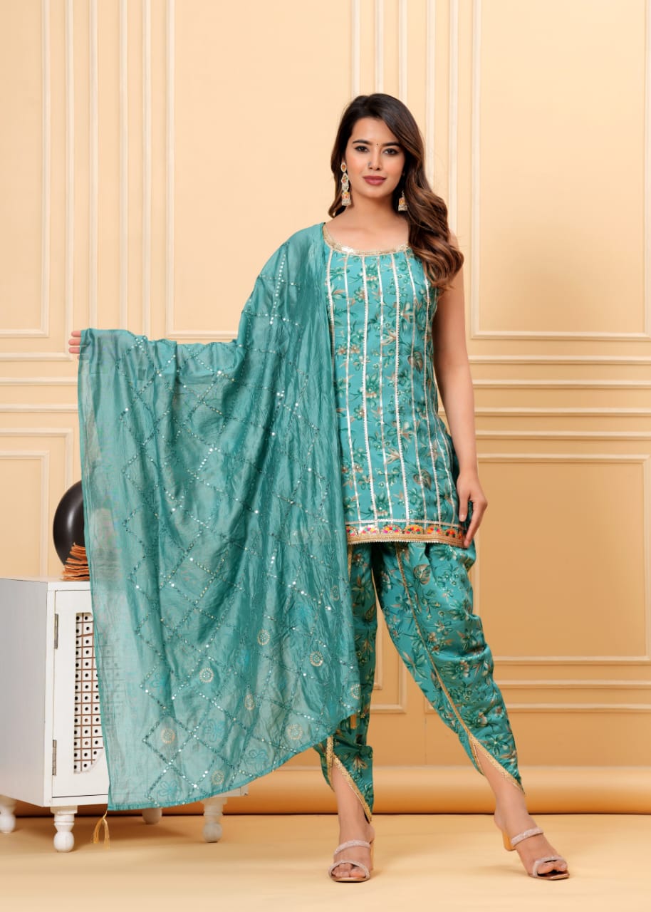 MaaBeti Sea Green Muslin Gota Work Kurta with Dhoti Dupatta Suit Set maabetii