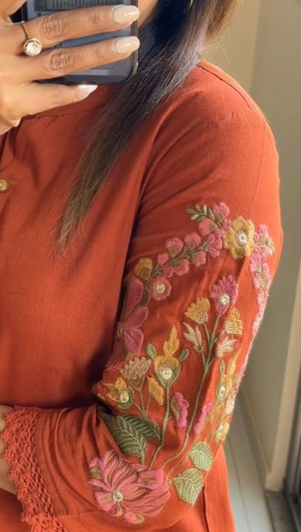 Naira Orange Cotton Embroidery Collar Neck Co-Ord Set