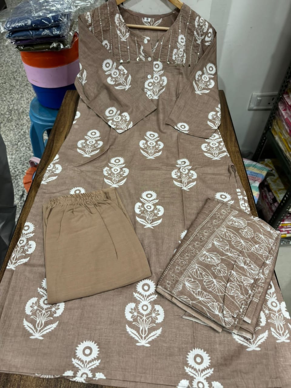 Maabetii Peach Cotton Floral Print Straight Suit Set