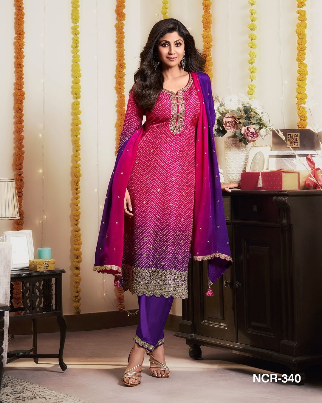 Maabetii Pink Chinon Embroidery Suit Set