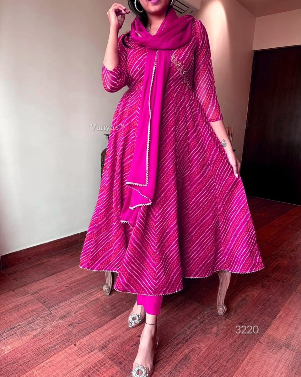 Maabetii Pink Cotton Bandhej Print and Embroidery Angrakha Anarkali Suit Set