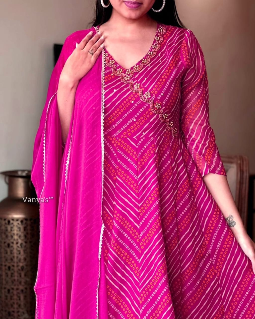 Maabetii Pink Cotton Bandhej Print and Embroidery Angrakha Anarkali Suit Set