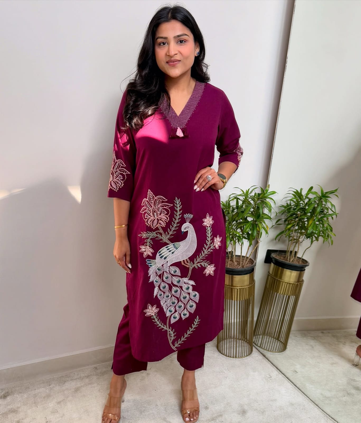 Maabetii Pink Cotton Peacock Embroidery Co-Ord