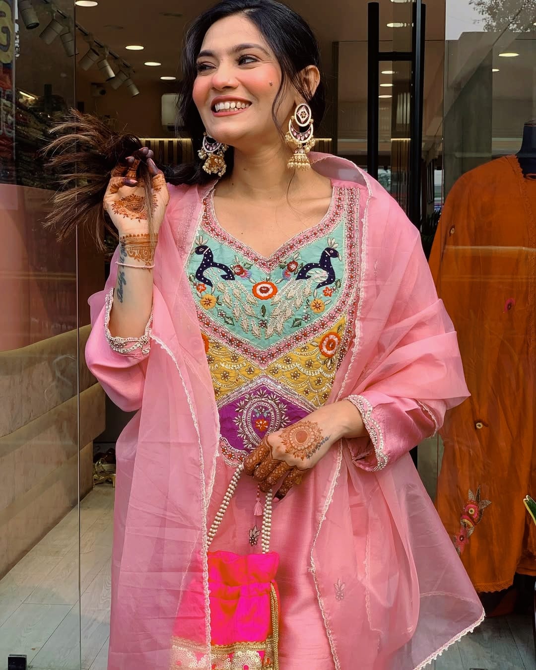 Maabetii Pink Silk Embroidery and Siquence Work Straight Fit Suit Set