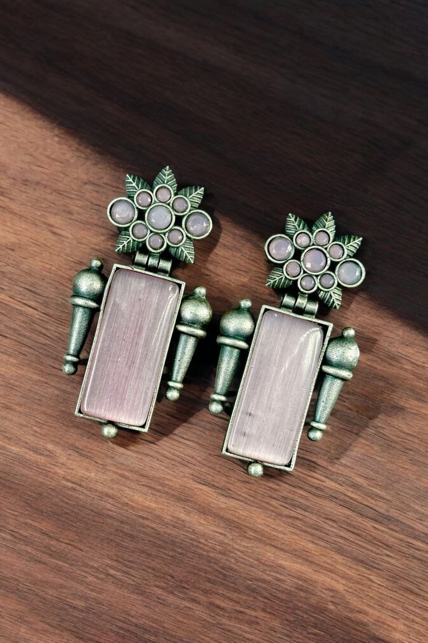 Maabetii Pink Silver Monalisa Stone Stud Earrings