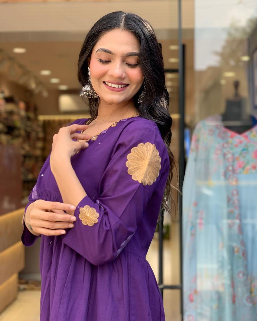 Maabetii Purple Cotton Aari Work Alia Cut Suit Set