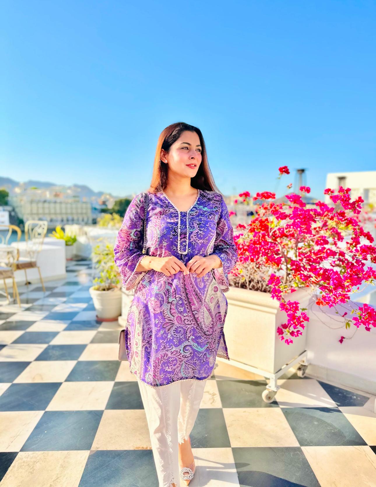 Maabetii Purple Cotton Frock Style Printed Kurti with Dhoti and Dupatta