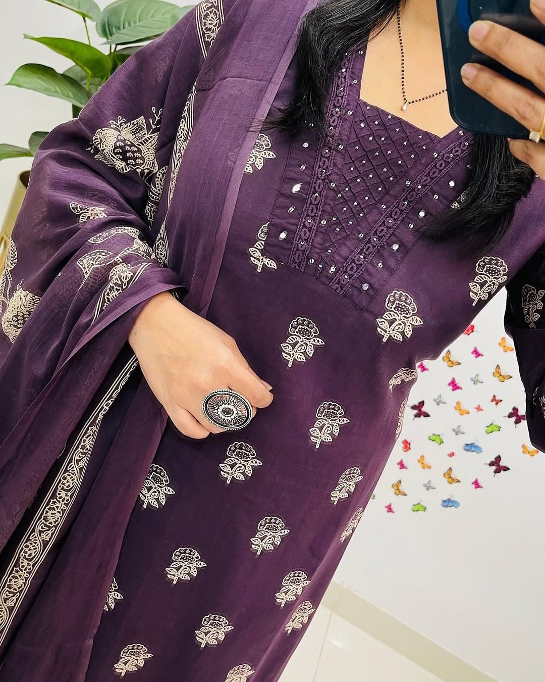 Maabetii Purple Cotton Printed Straight Fit Suit Set