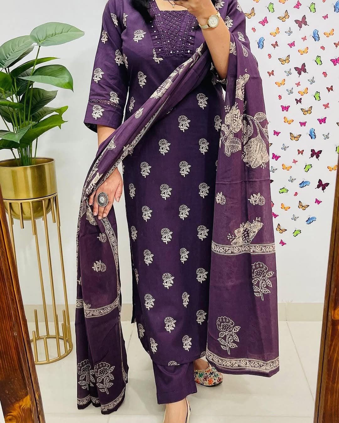 Maabetii Purple Cotton Printed Straight Fit Suit Set
