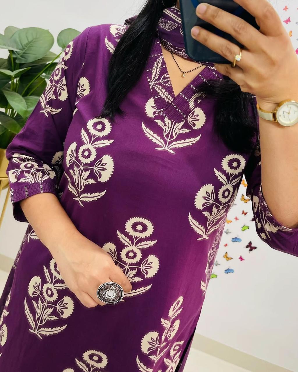 Maabetii Purple Cotton Printed Straight Fit Suit Set