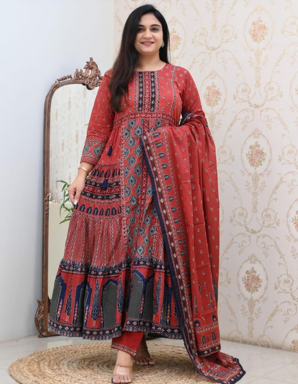Maabetii Red Cotton Adda Work Anarkali Suit Set