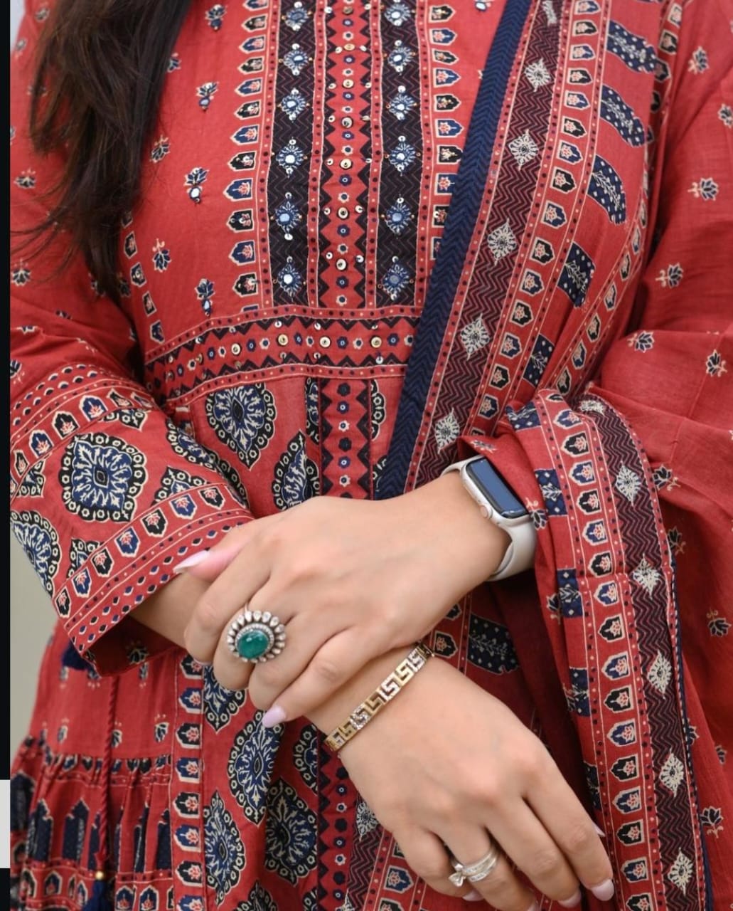Maabetii Red Cotton Adda Work Anarkali Suit Set