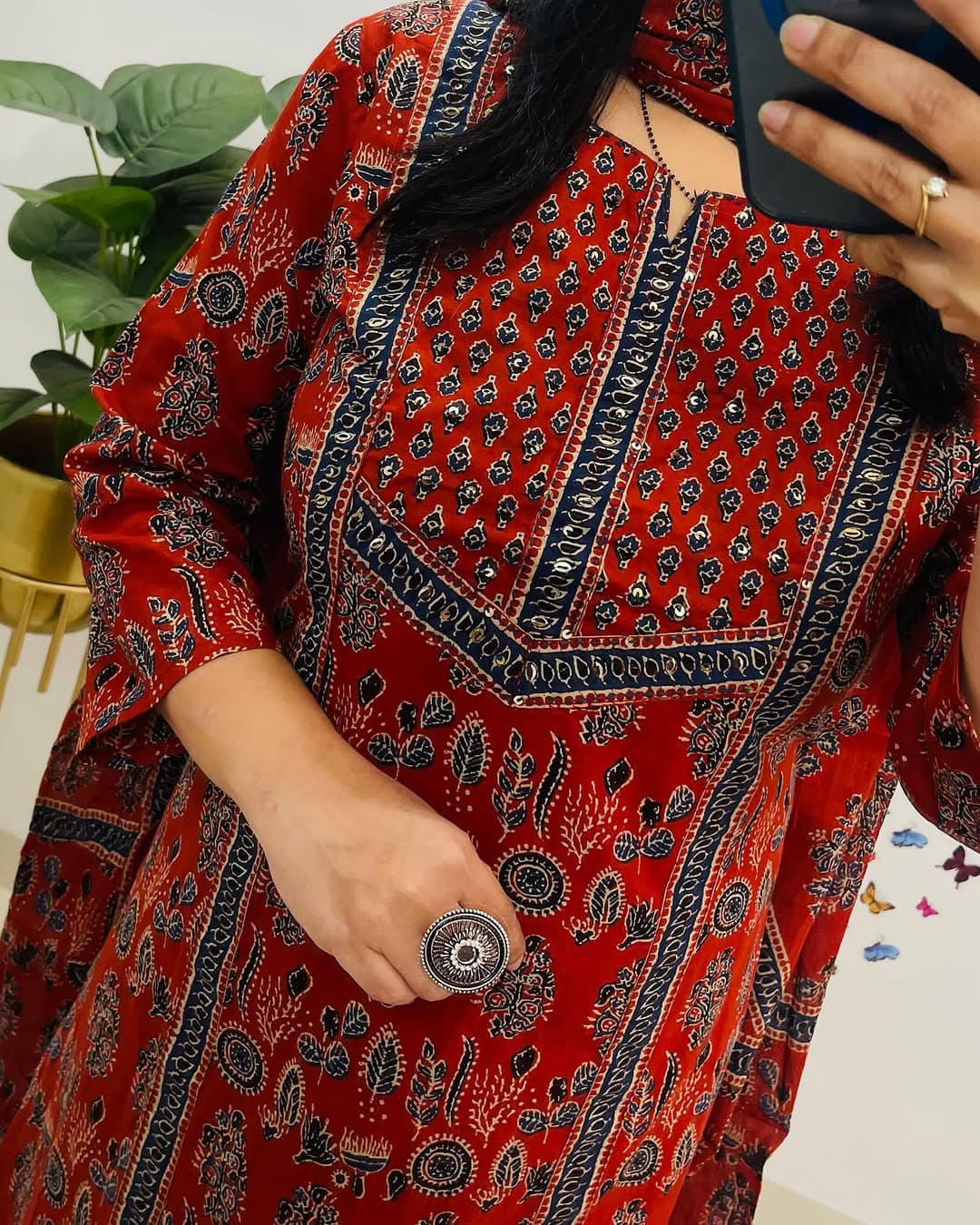 Maabetii Red Cotton Ajrakh Print Straight Fit Suit Set