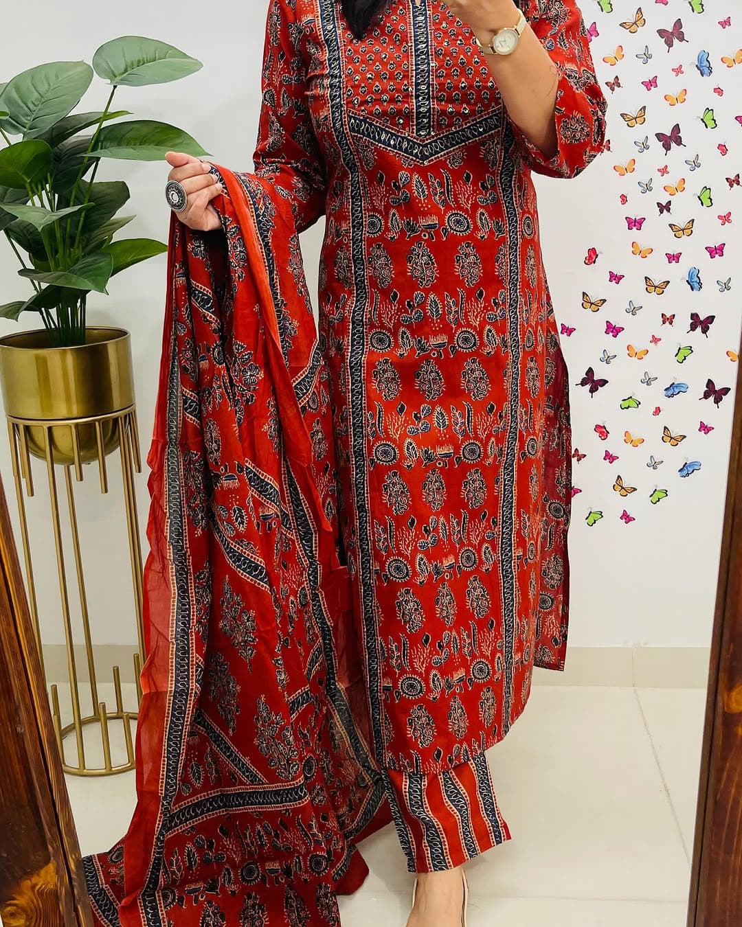 Maabetii Red Cotton Ajrakh Print Straight Fit Suit Set