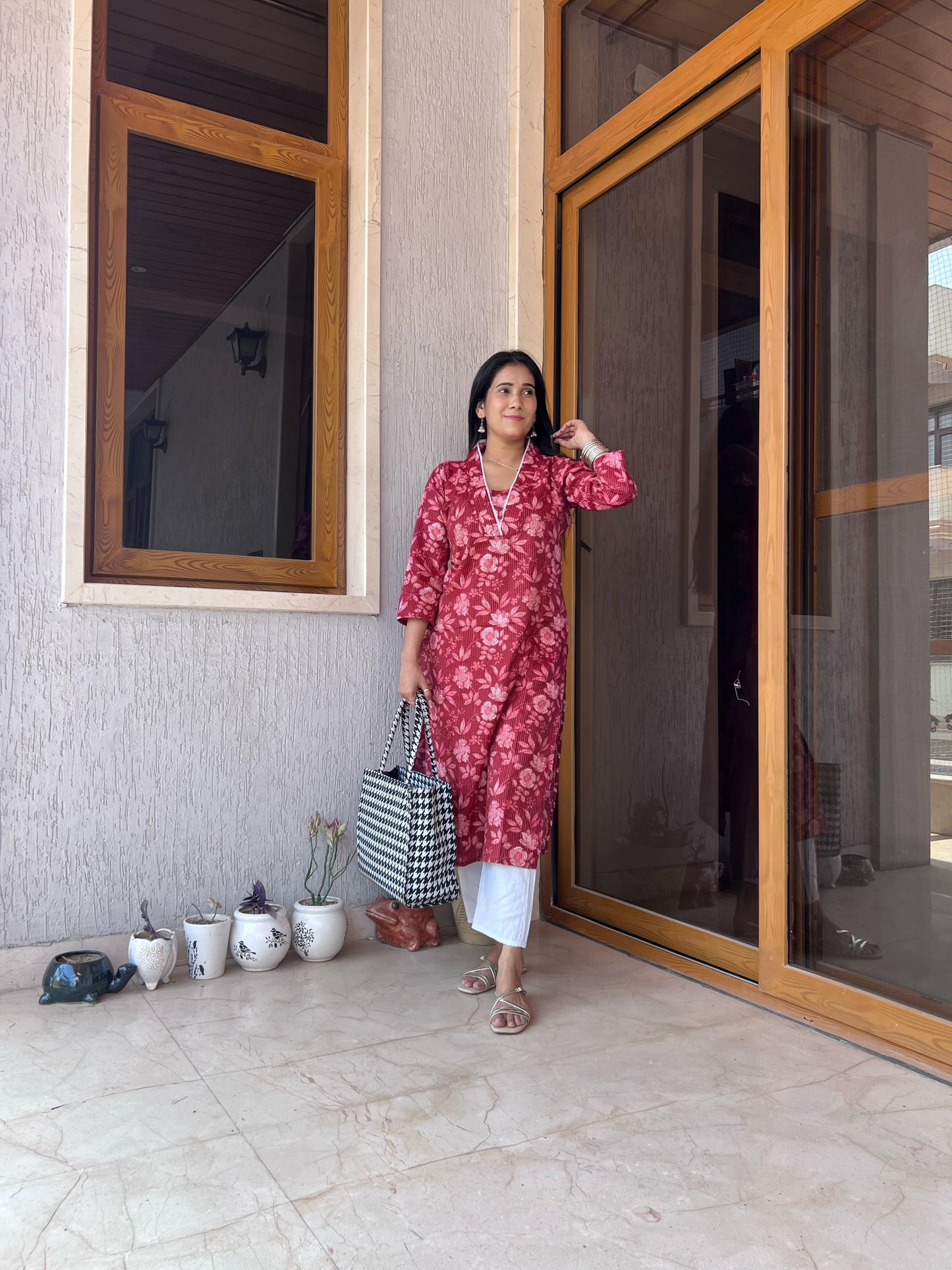 Maabetii Red Cotton Office Wear Printed Kurti and Pant Set