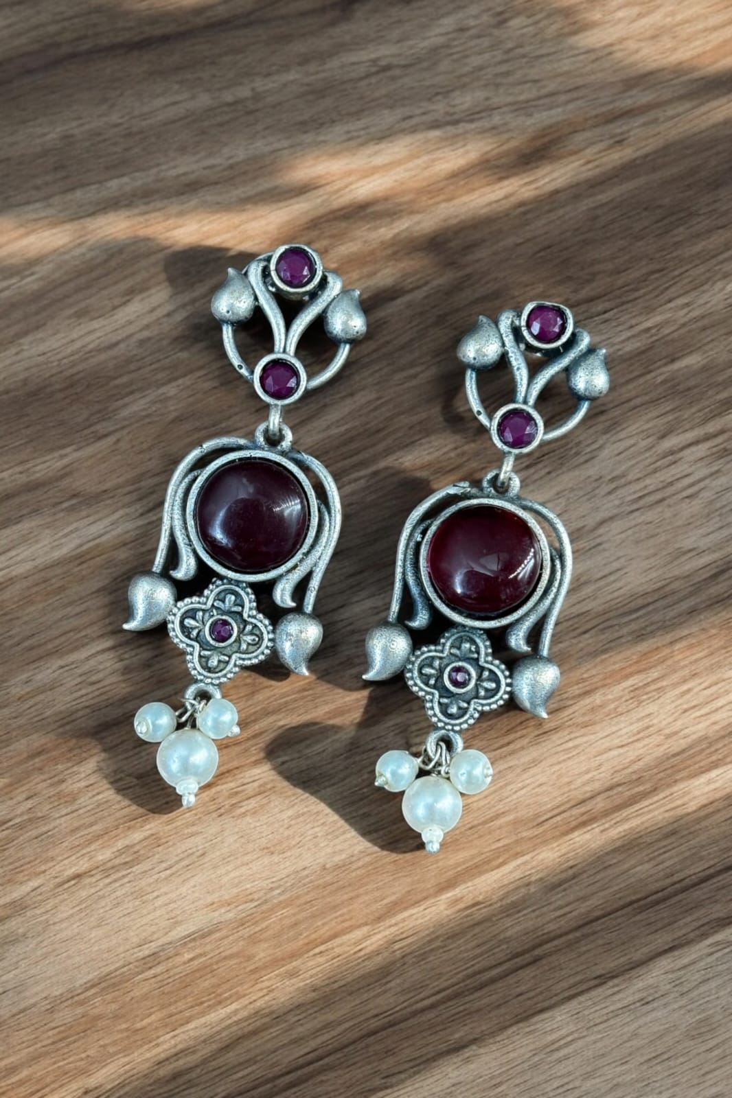 Maabetii Red Light Weight Oxidized Silver Stud Earrings