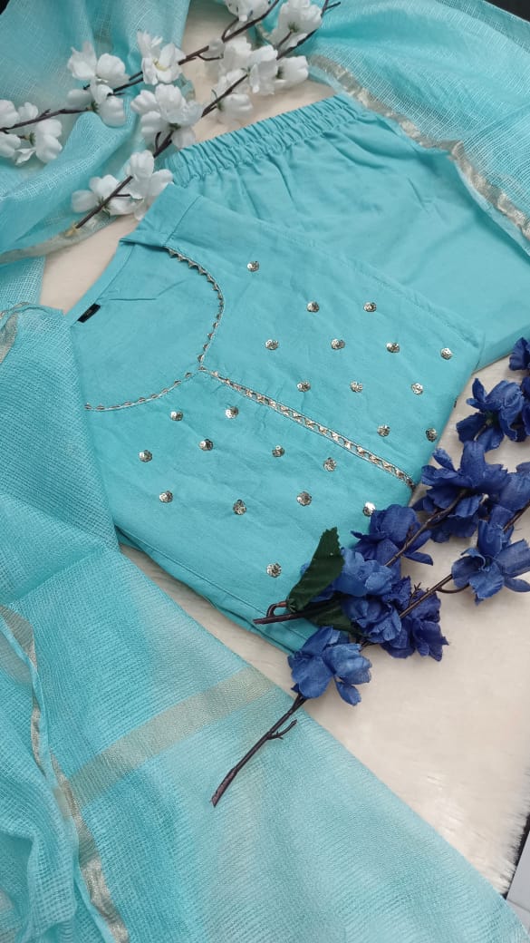Nayra Sky Blue Cotton Moti Hand Work Alia Cut Suit Set