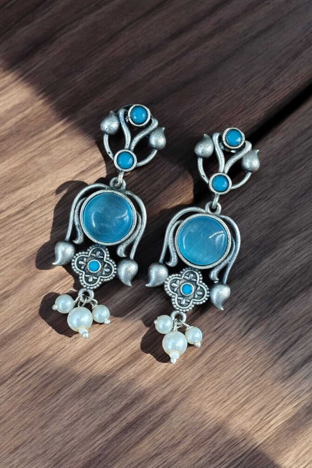 Maabetii Sky Blue Light Weight Oxidized Silver Stud Earrings