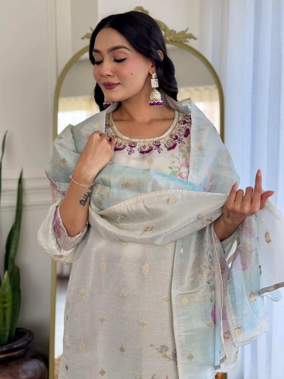 Ira White Cotton Jacquard Simmer Work Straight Suit Set