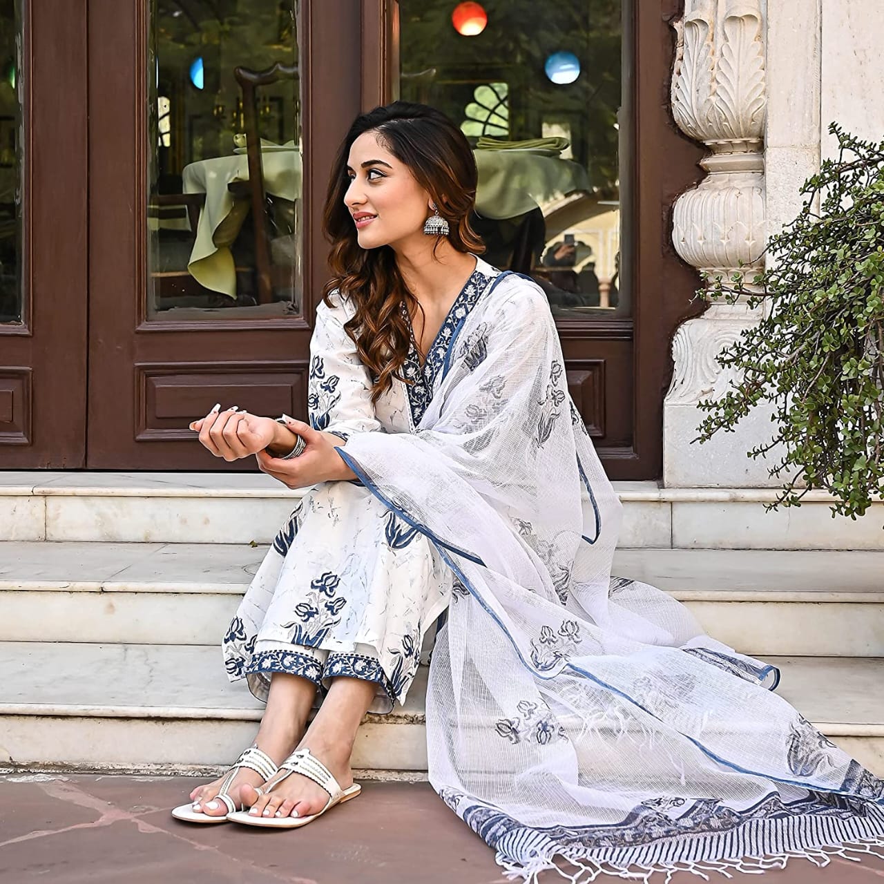Maabetii White Cotton V Neck Floral Print Suit Set