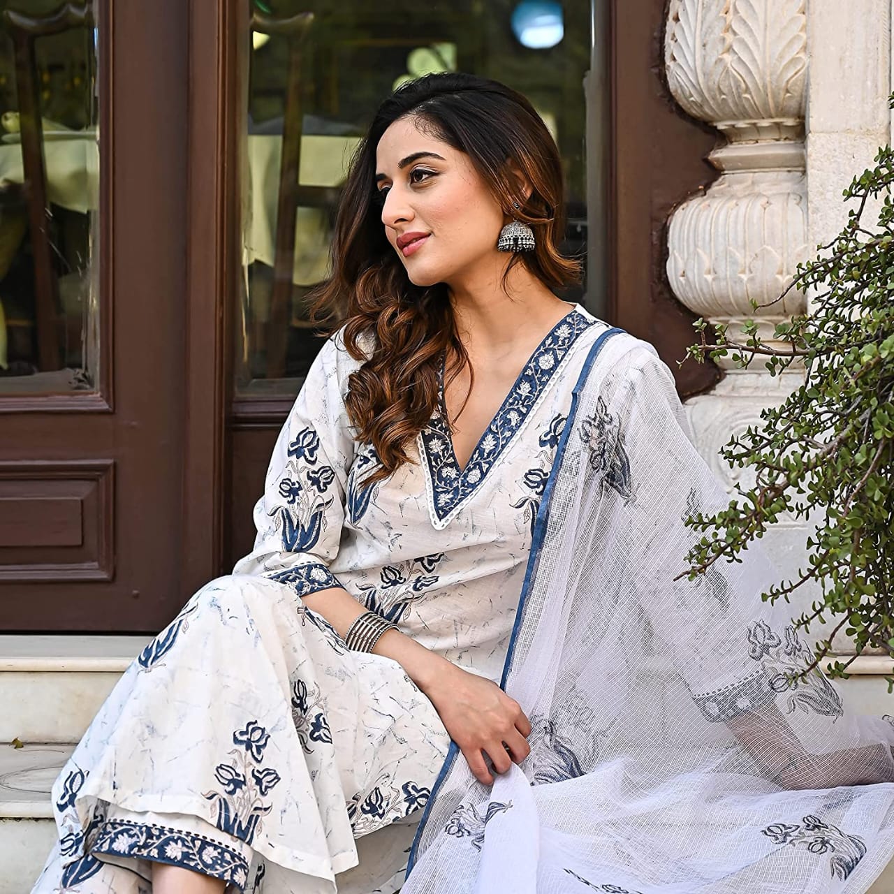 Maabetii White Cotton V Neck Floral Print Suit Set