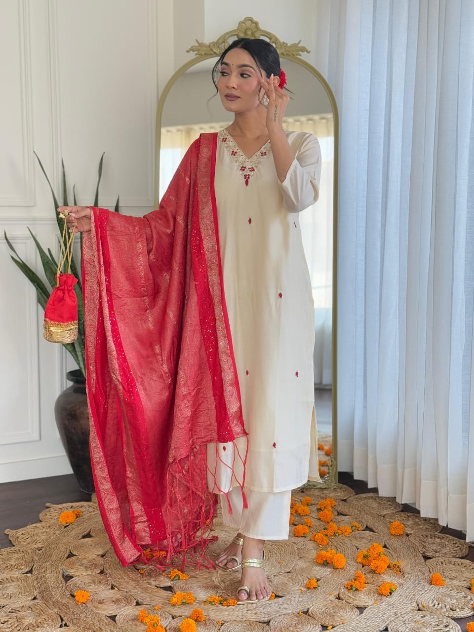 Maabetii White Roman Silk Siquence and Embroidery Work Suit Set