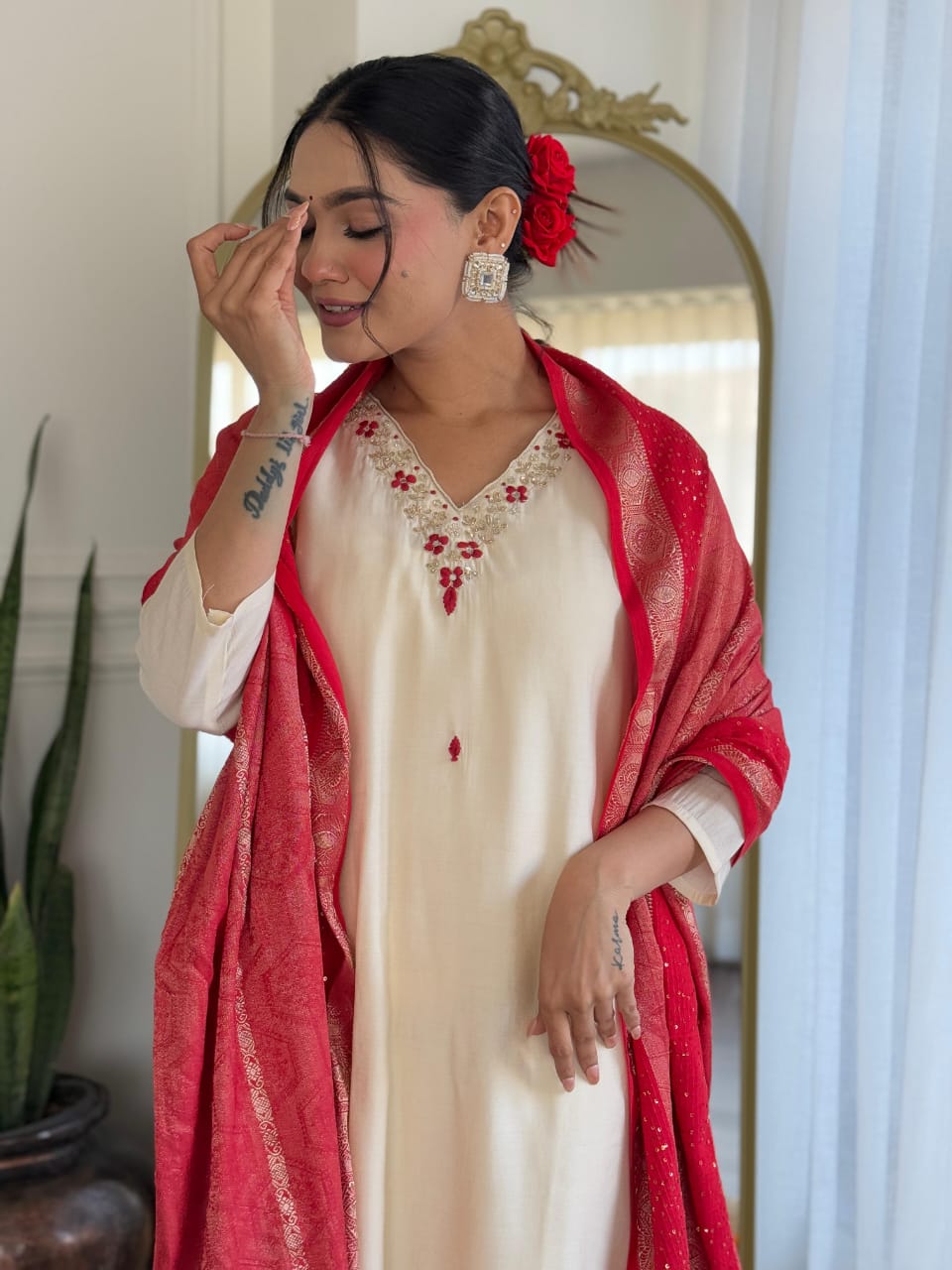 Maabetii White Roman Silk Siquence and Embroidery Work Suit Set