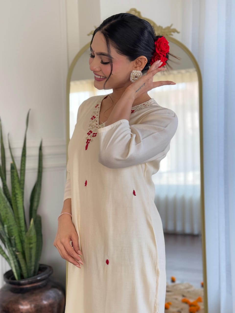 Maabetii White Roman Silk Siquence and Embroidery Work Suit Set