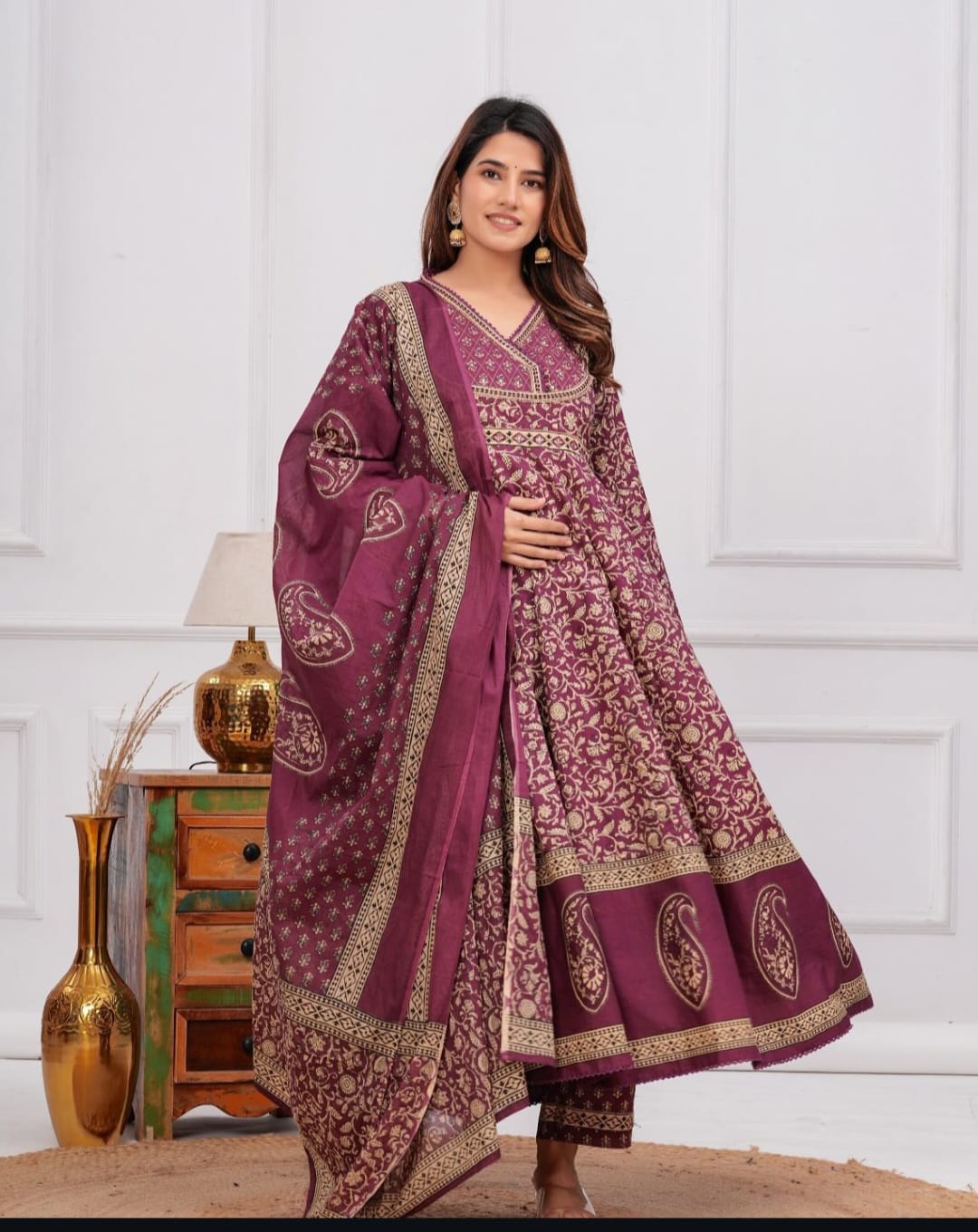 Wine cotton embroidery Anarkali suit set with matching pants and dupatta, designed for a graceful ethnic look.