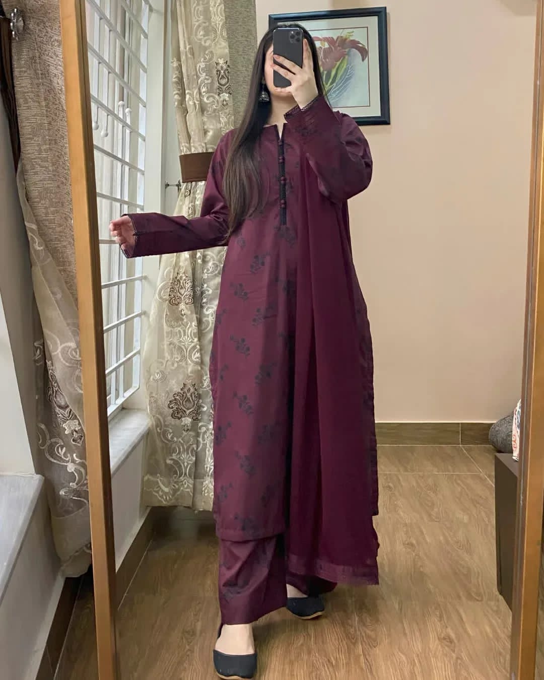 Wine Cotton Printed A-Line Pakistani Suit Set Maabetii – maabetii