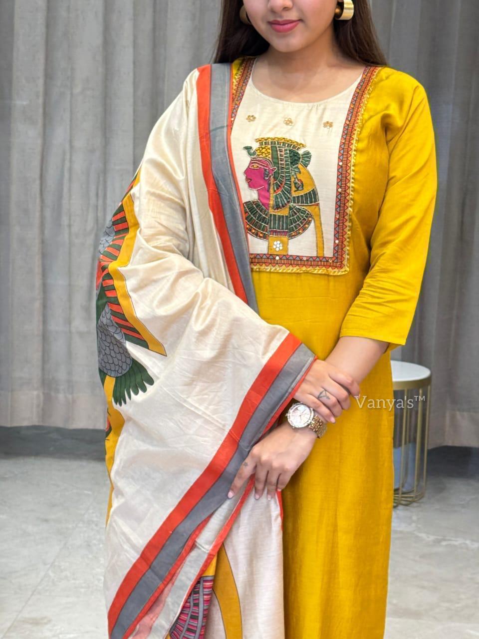 Saanvi Yellow Chinon Digital Print Straight Fit Suit Set