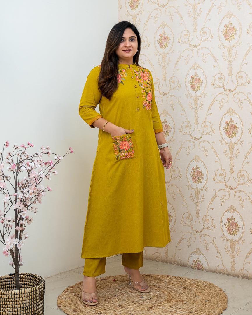 Maabetii Yellow Cotton Embroidery A-line Kurti and Pant