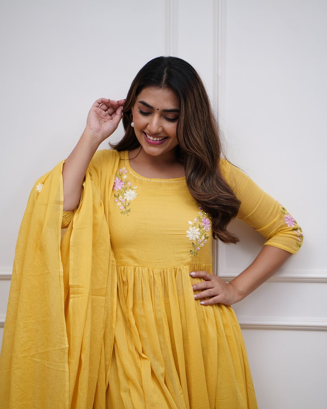 Maabetii Yellow Cotton Embroidery Butta Work Anarkali Suit Set