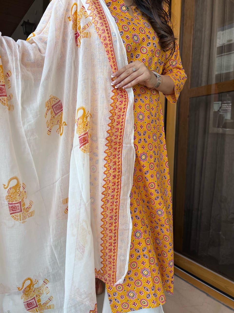 Maabetii Yellow Cotton Sanganeri Print Straight Fit Suit Set