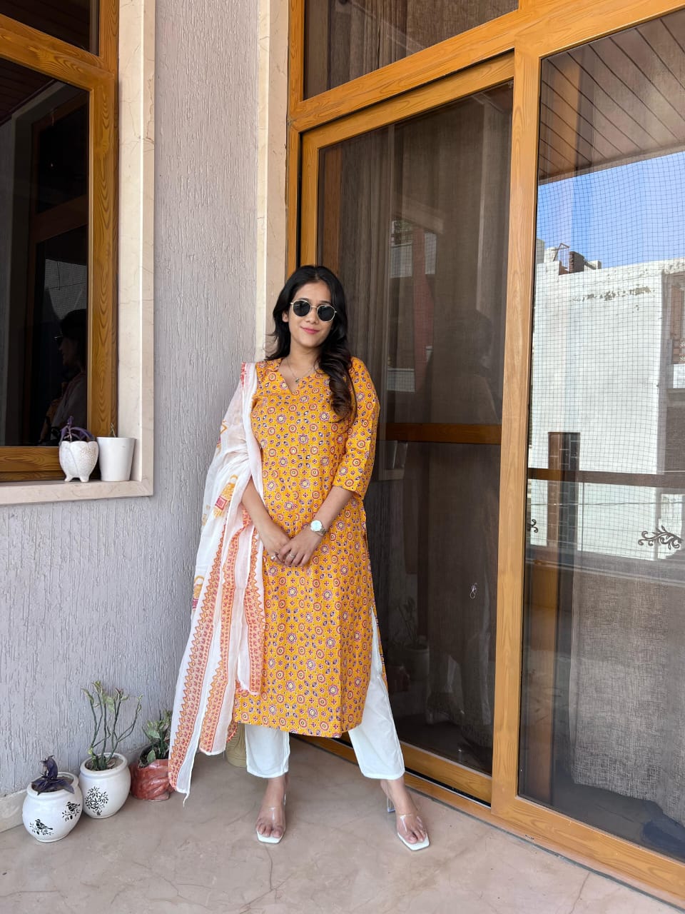 Maabetii Yellow Cotton Sanganeri Print Straight Fit Suit Set