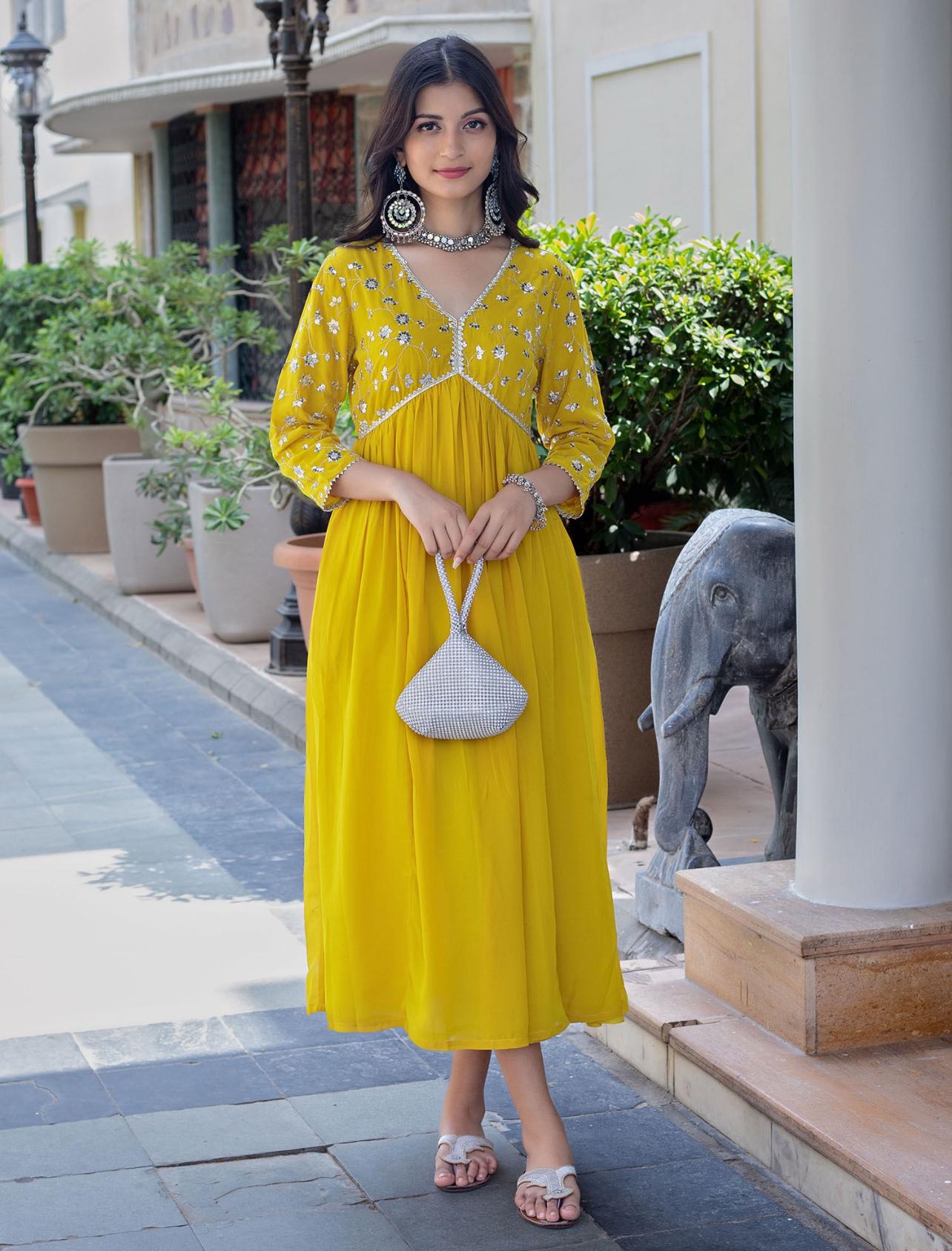 Maabetii Yellow Rayon Lace Work Alia Cut Anarkali Kurti