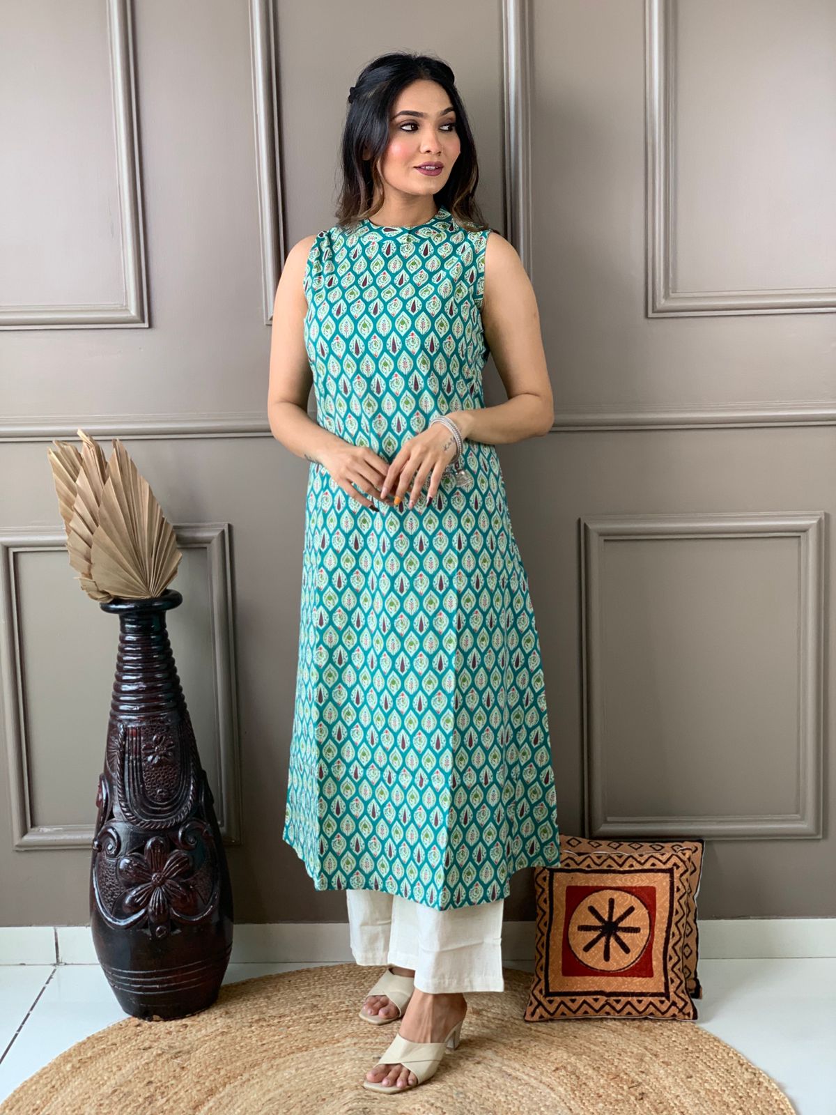 Front pose in cotton A-line kurta set with plazo