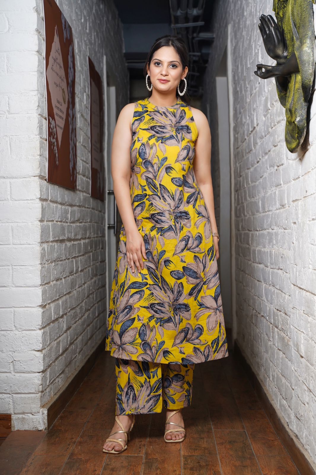 Front pose in cotton A-line kurta set with plazo