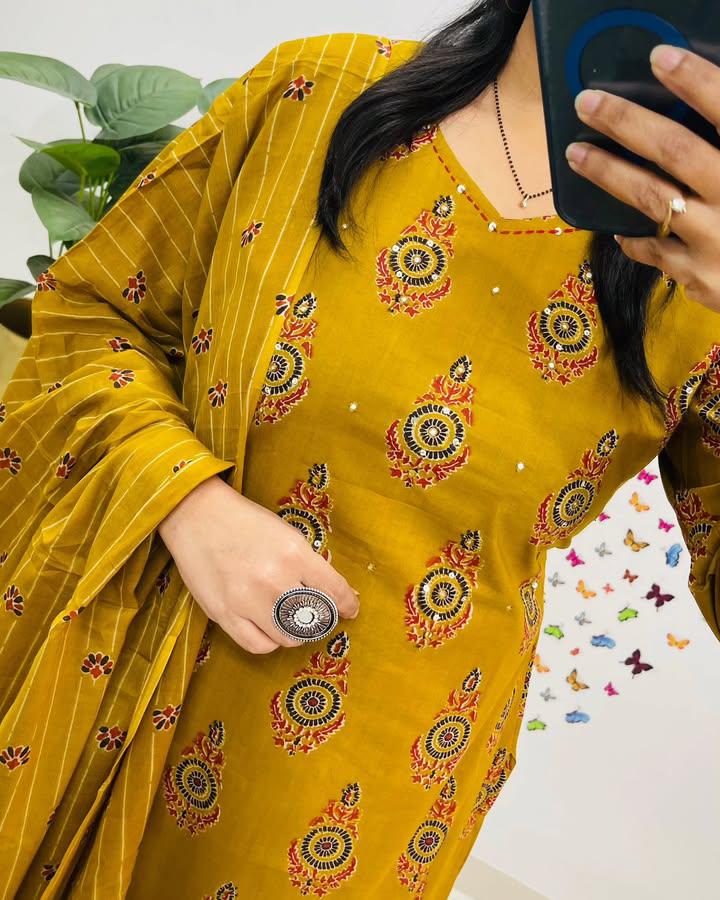Embroidery close-up on cotton kurti – neckline and sleeve