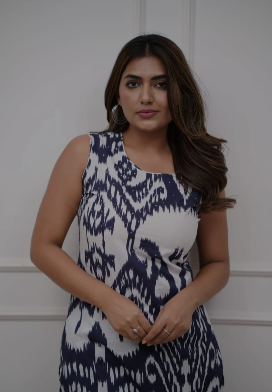 Close-up of printed sleeves on rayon kurti