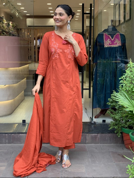 A-line cotton kurti set with dupatta and embroidery work