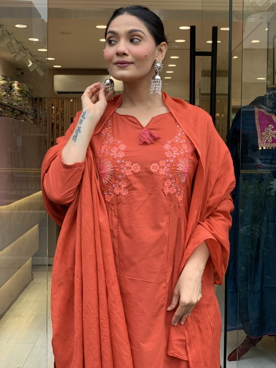 Festive embroidered kurti pant dupatta set in breathable cotton